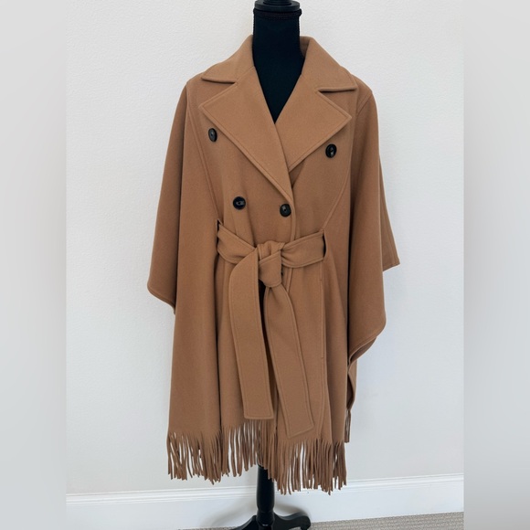 NWT Express Camel Fringed Cape Coat | Size M/L | Belted Poncho Trench - Picture 3 of 11